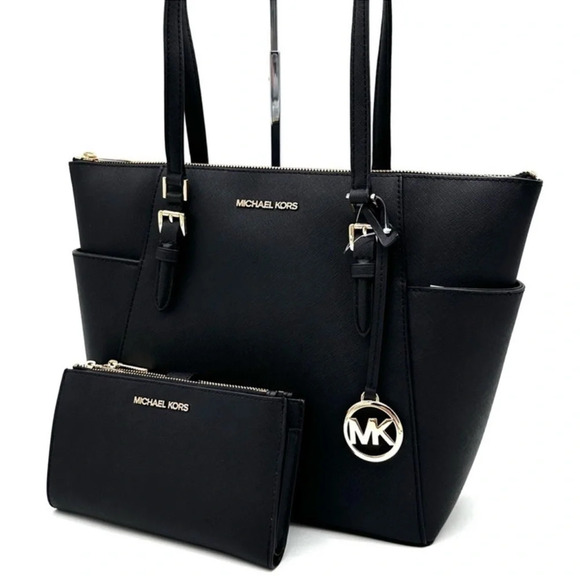 Michael Kors Large Charlotte Tote Bag & Large Double Zip Wallet Black (NWT) - Picture 1 of 14